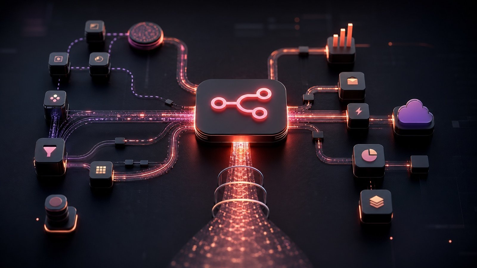Ilustracja workflow n8n z połączonymi węzłami automatyzacji