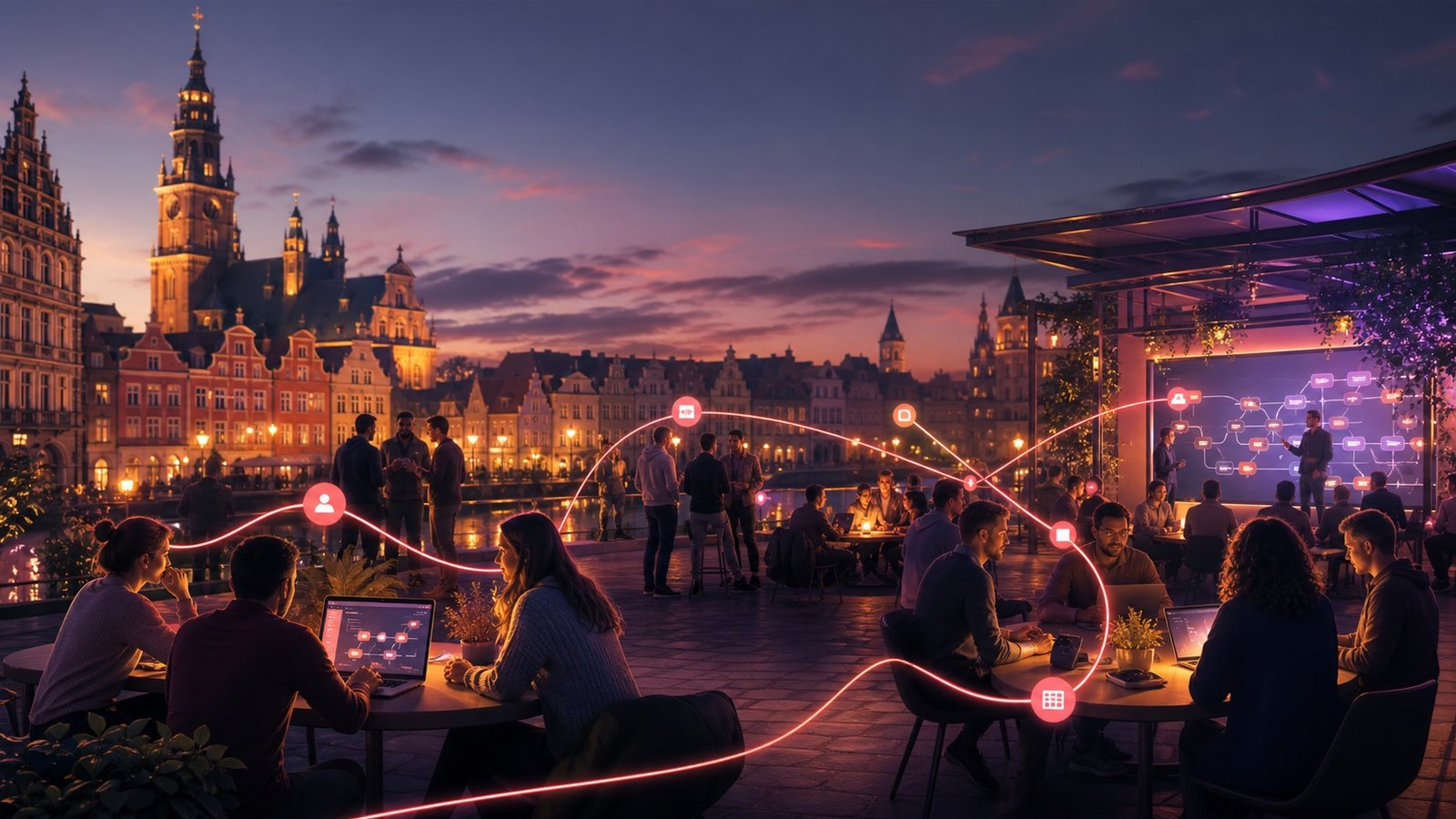Ilustracja Poznania z motywem wydarzeń automatyzacji n8n