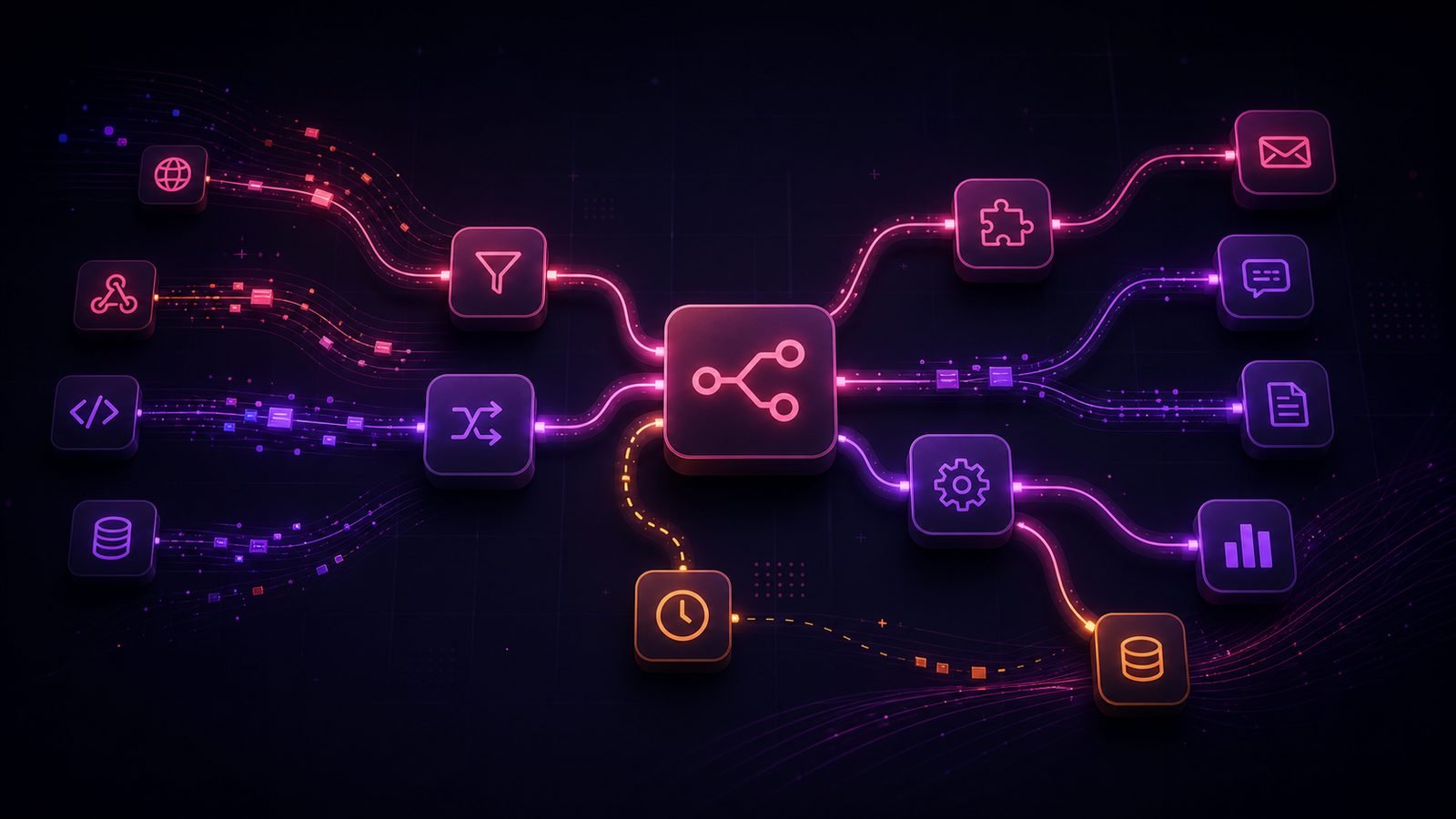 Ilustracja Poznania z ratuszem i połączonymi węzłami workflow n8n